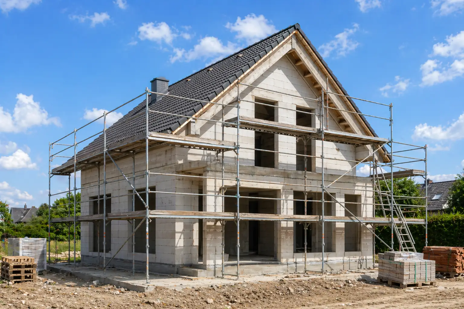 Rohbau eines Einfamilienhauses mit Gerüst während der Bauphase in Kassel